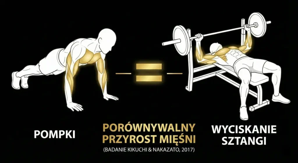 Grafika pokazująca, że pompki i wyciskanie sztangi zapewniają porównywalny przyrost mięśni.