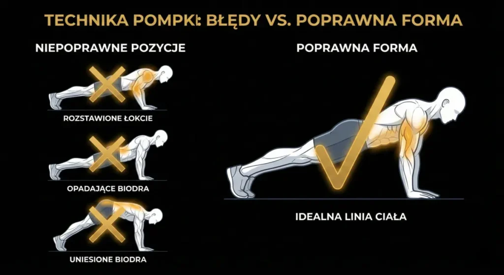 Grafika przedstawiająca poprawną technikę wykonywania pompki w zestawieniu z najczęstszymi błędami.