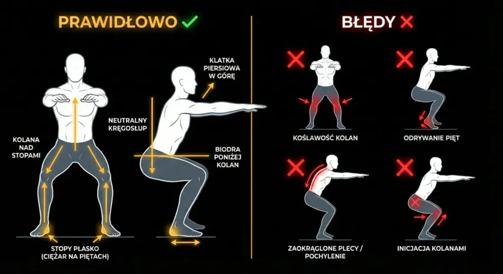 Grafika przedstawiająca prawidłową technikę wykonywania przysiadu oraz najczęstsze błędy.