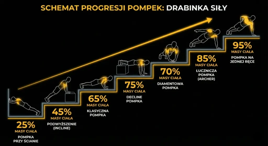Grafika przedstawiająca schemat progresji pompek w formie drabinki siły, ukazująca różne warianty ćwiczenia oraz odpowiadający im procent podnoszonej masy ciała.