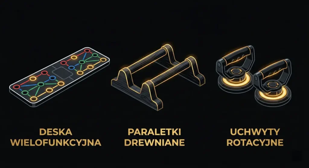 Grafika przedstawiająca trzy akcesoria do pompek: deskę wielofunkcyjną, drewniane paraletki i uchwyty rotacyjne.