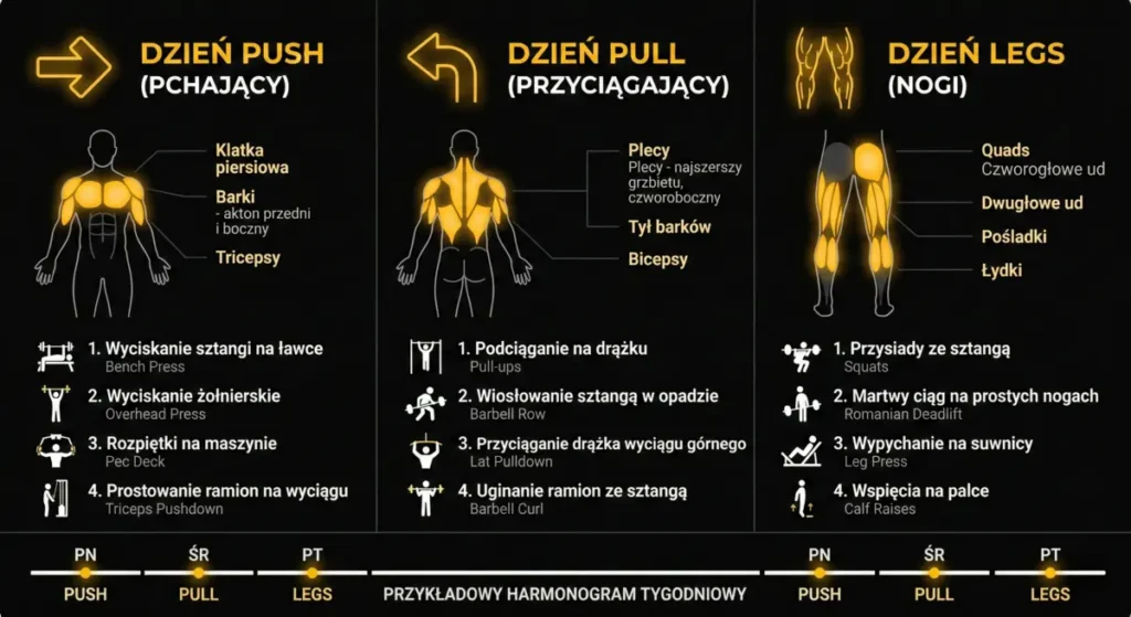 Grafika przedstawiająca plan treningowy Push, Pull, Legs z opisem angażowanych mięśni, kluczowymi ćwiczeniami i harmonogramem tygodniowym