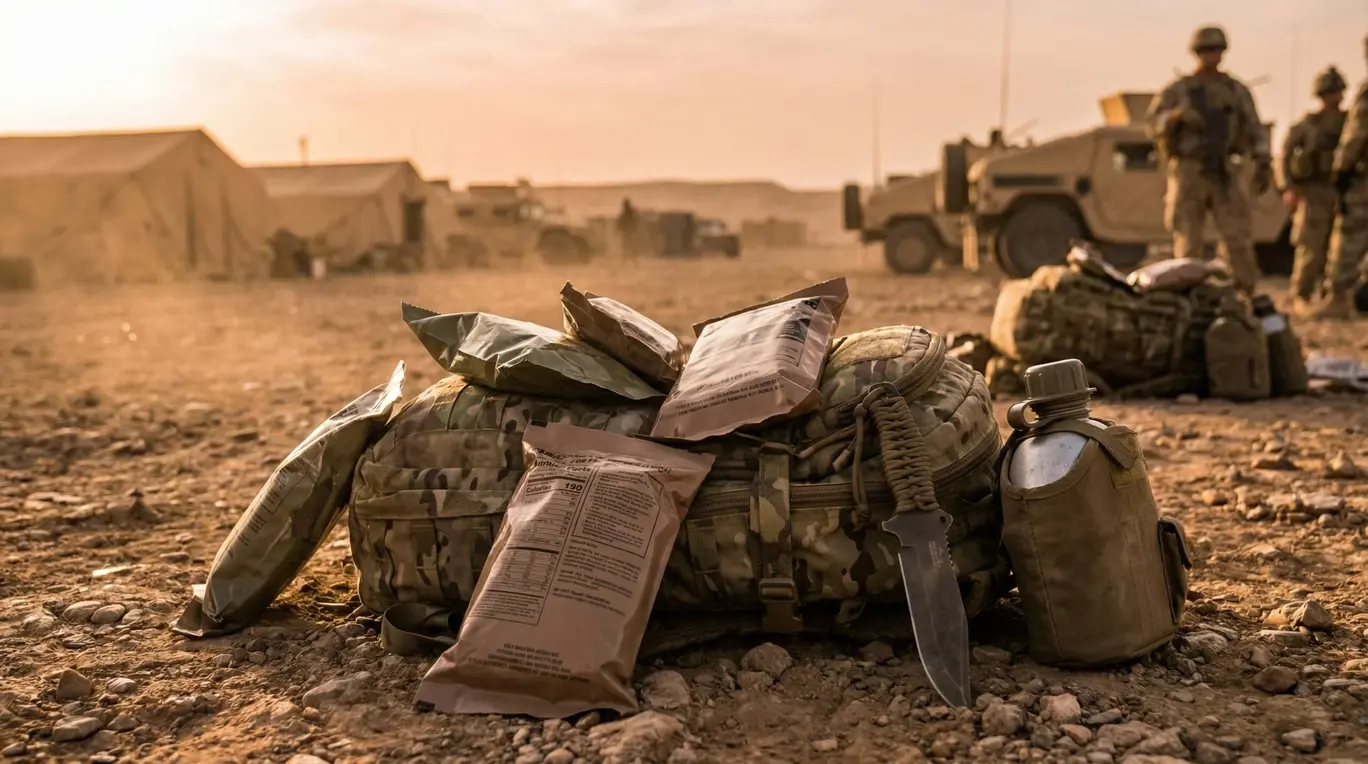 Plecak wojskowy leży na ziemi z przyczepionym nożem i manierką. Obok są racje żywnościowe. W tle pustynny obóz z namiotami i pojazdami, sylwetki żołnierzy.