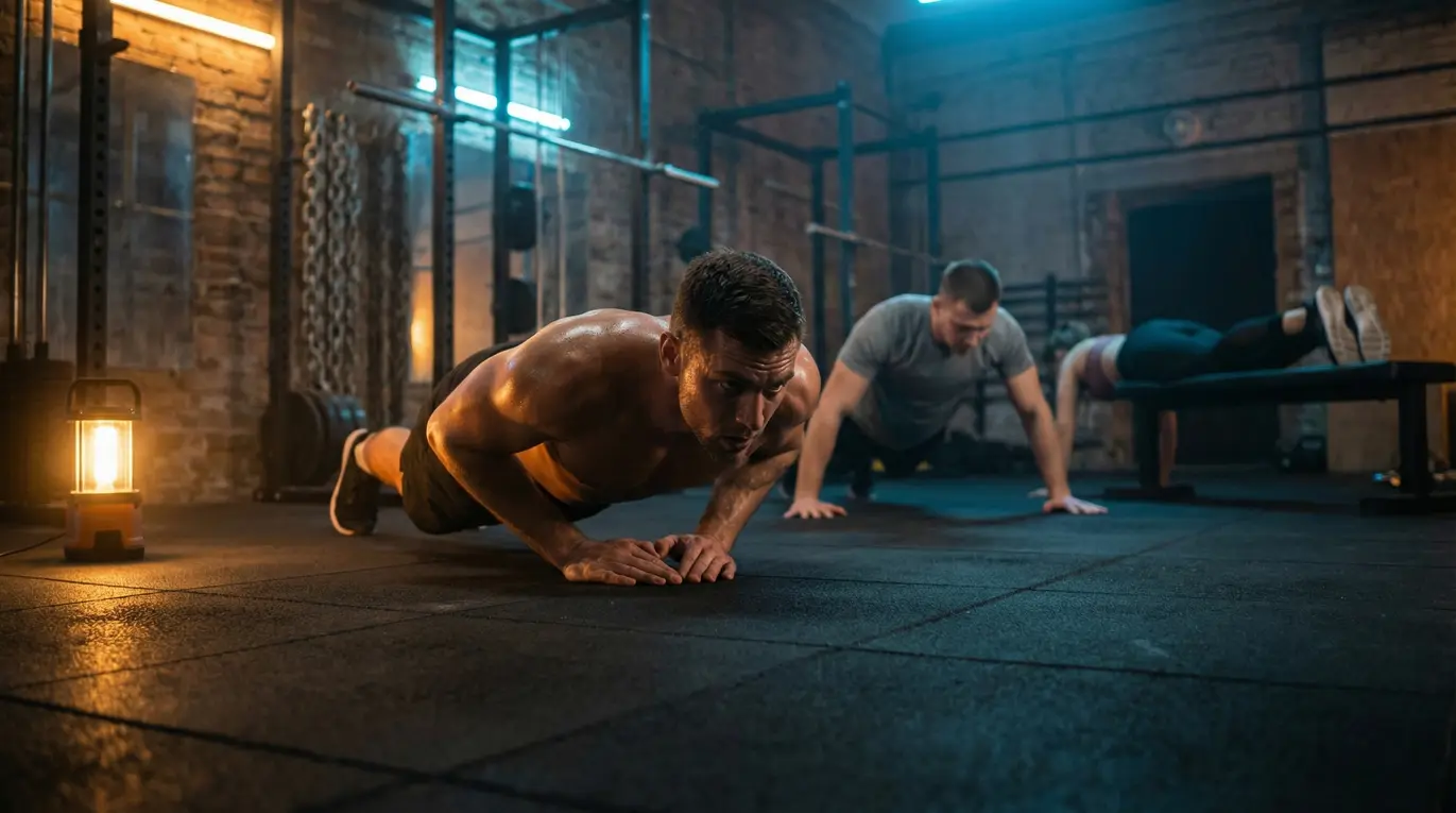 Mężczyzna wykonuje pompki na podłodze w siłowni, a w tle dwie osoby robią podobne ćwiczenia. Otoczenie to surowe mury i przyciemnione oświetlenie.