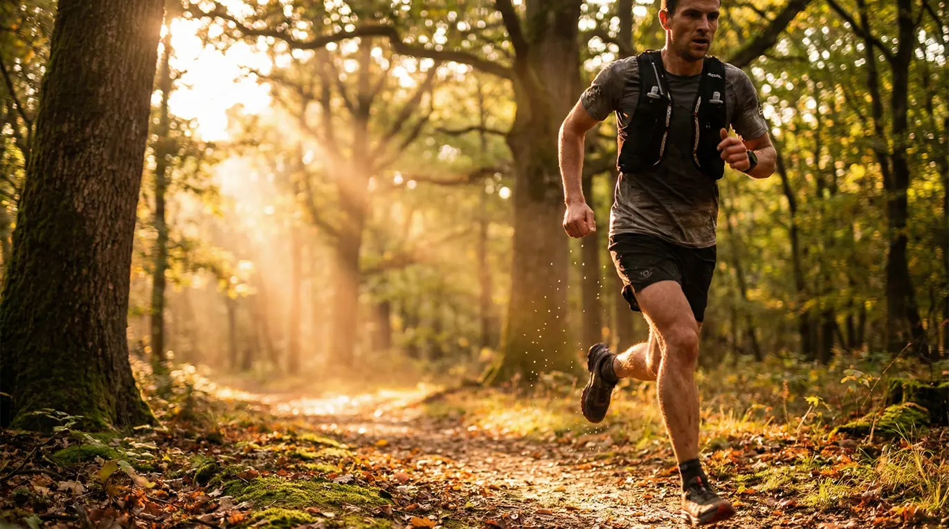 Grupa biegaczy na trasie terenowej skupionych na redukcji tkanki tłuszczowej