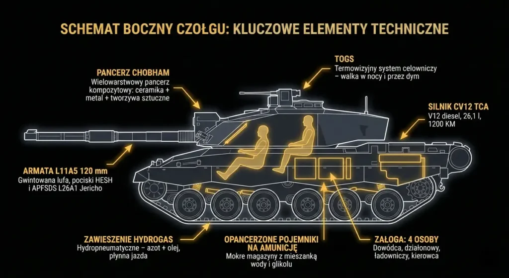 Grafika przedstawiająca schemat boczny czołgu z opisem jego kluczowych elementów technicznych oraz przekrojem wnętrza.