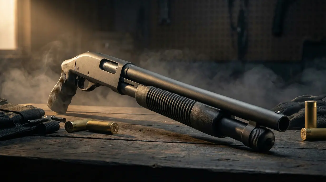 Strzelba leży na drewnianym stole w warsztacie, otoczona łuskami. Subtelne oświetlenie podkreśla detale broni, a w tle widać narzędzia na tablicy perforowanej.