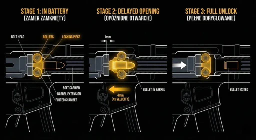 Grafika przedstawiająca trzy etapy działania mechanizmu zamka w broni: zamek zamknięty, opóźnione otwarcie oraz pełne odryglowanie.