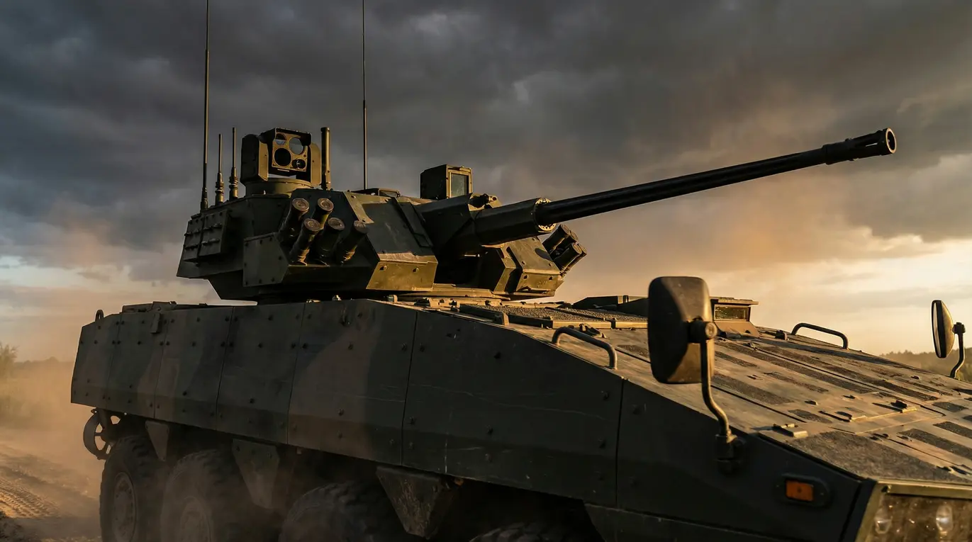 Opancerzony pojazd wojskowy z działkiem ciężkimi porusza się po zakurzonej drodze. W tle widoczne jest zachmurzone niebo podświetlone promieniami zachodzącego słońca.