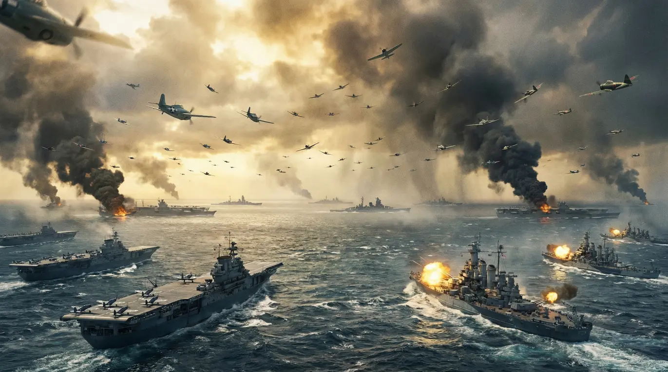 Widok Pacyfiku z czasów II wojny światowej z okrętami i samolotami.