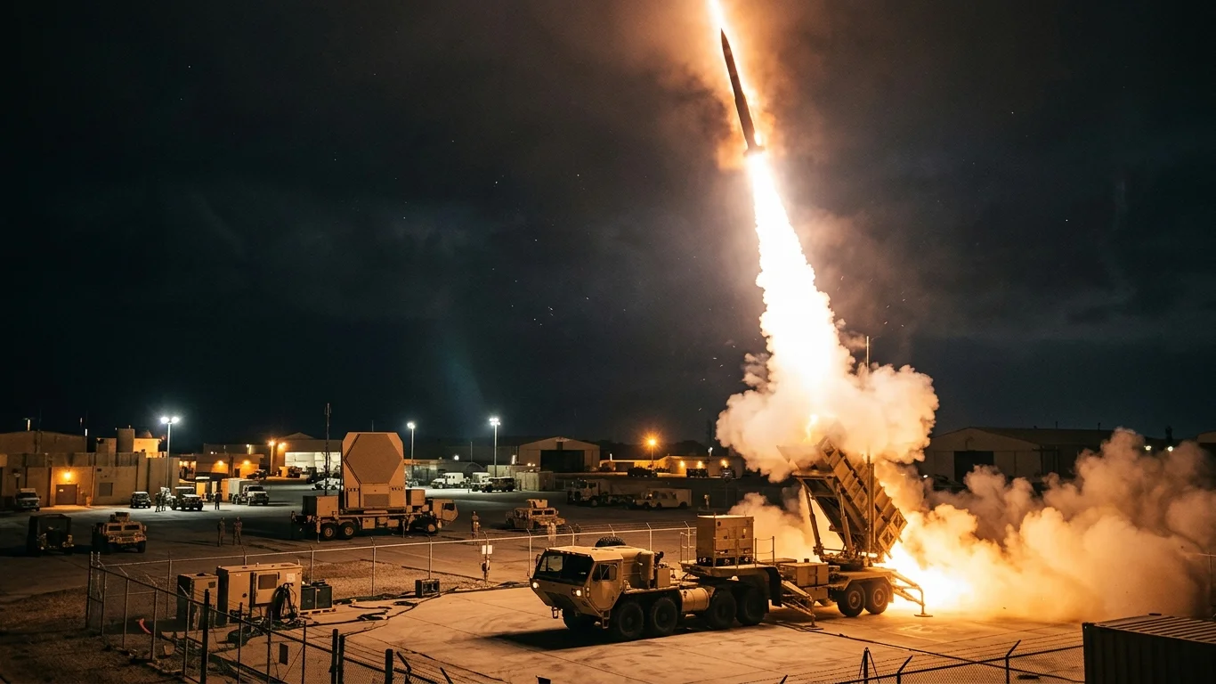 Rakieta startuje w nocy, uwalniając ogień i dym, z bazy wojskowej oświetlonej latarniami. W tle widoczne są budynki i pojazdy wojskowe.