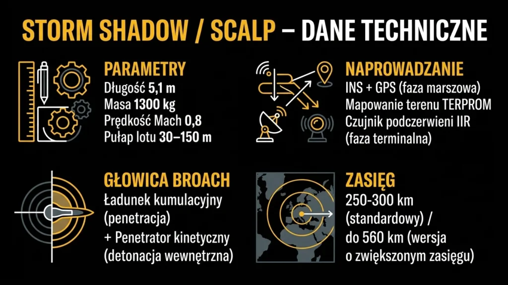 Infografika: Storm Shadow SCALP – dane techniczne, naprowadzanie, głowica BROACH i zasięg
