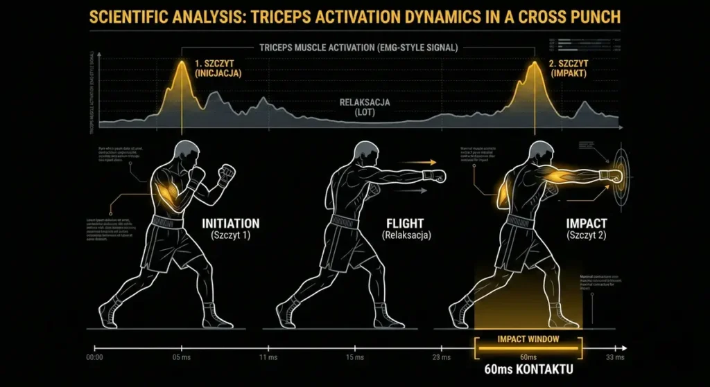 Grafika przedstawiająca analizę dynamiki aktywacji tricepsa podczas ciosu prostego z wykresem napięcia mięśniowego w poszczególnych fazach ruchu.