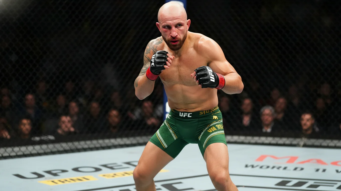 Zawodnik MMA przyjmuje pozycję obronną w oktagonie, ubrany w zielone szorty z napisem "UFC". W tle widownia ogląda walkę zza siatki.