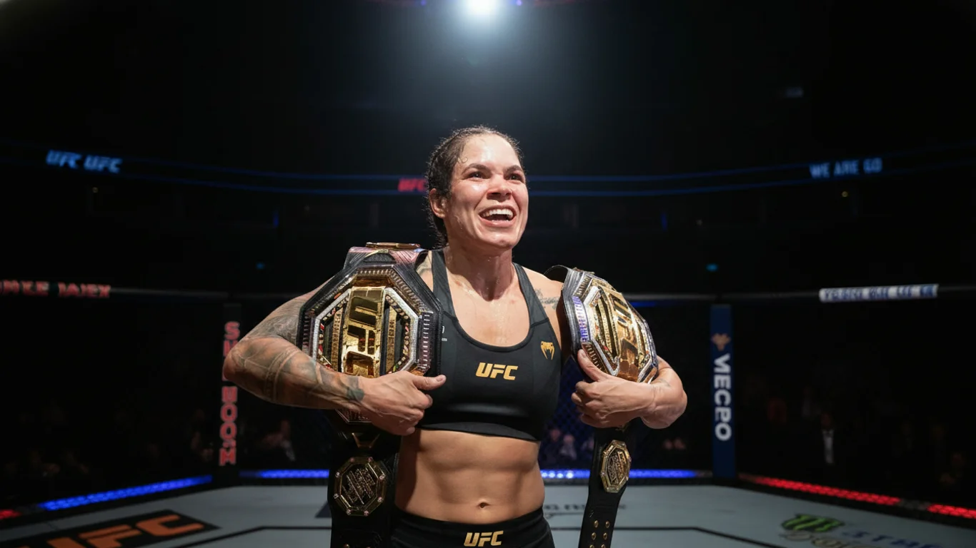 Zawodniczka z pasami mistrzowskimi UFC na ramionach uśmiecha się po walce w oktagonie, otoczona ciemnym tłem areny z delikatnym oświetleniem.