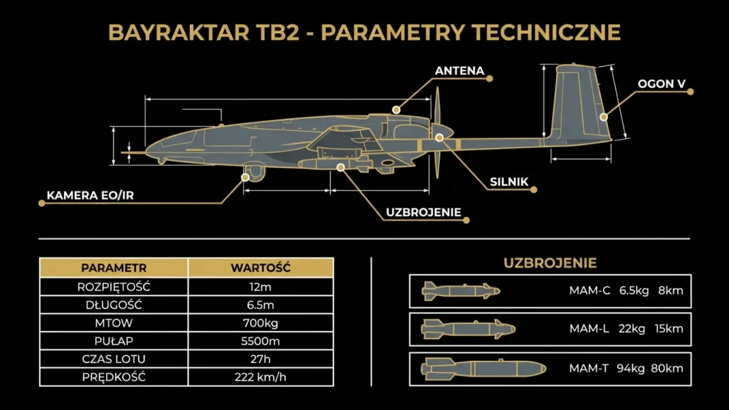 Infografika Bayraktar TB2 - parametry techniczne, diagram boczny z oznaczonymi komponentami i tabelą uzbrojenia