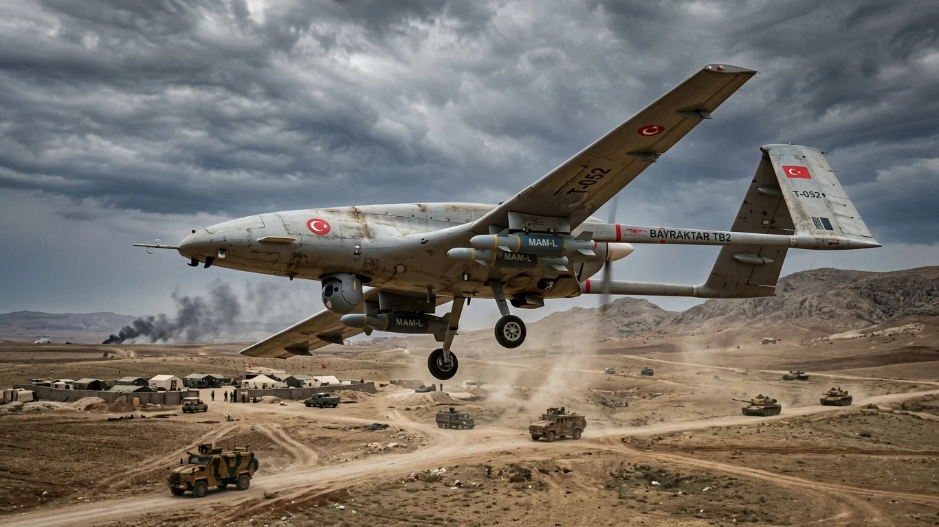 Dron Bayraktar TB2 unosi się w powietrzu nad pustynnym terenem z wojskowymi pojazdami i obozem. Na skrzydłach widoczne oznaczenia, m.in. turecka flaga, "T-052", "MAM-L".