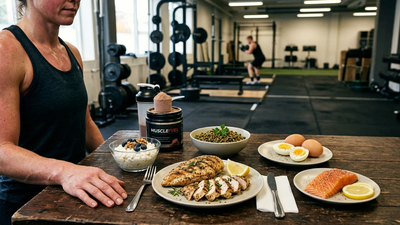 Osoba w sportowym otoczeniu przy stole z jedzeniem. Na stole potrawy: grillowany kurczak z cytryną, łosoś, groszek, jajka, owsianka z jagodami i orzechami oraz suplement "MUSCLEFUEL".