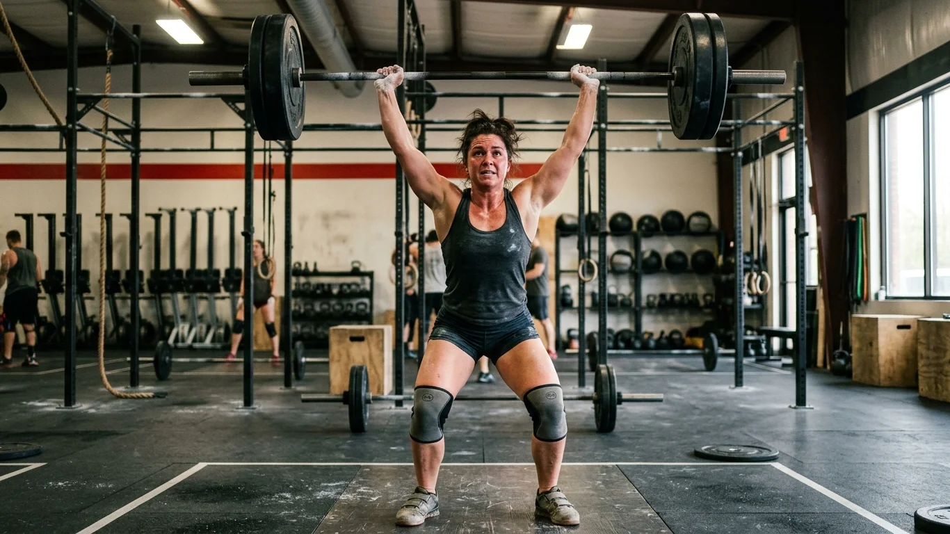 Kobieta podnosi sztangę nad głowę w siłowni. Ma na sobie ciemny strój sportowy i ochraniacze na kolana. W tle widać sprzęt do ćwiczeń i innych ludzi.