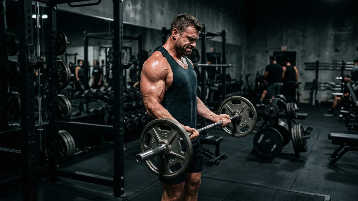Mężczyzna podnosi ciężką sztangę w siłowni, intensywnie się koncentrując. W tle znajdują się sprzęty do ćwiczeń i inni ćwiczący ludzie.