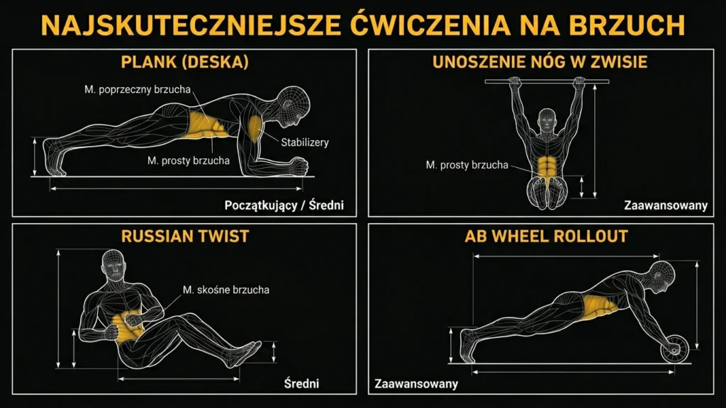 Infografika przedstawiająca najskuteczniejsze ćwiczenia na brzuch – plank, unoszenie nóg w zwisie, Russian Twist i Ab Wheel