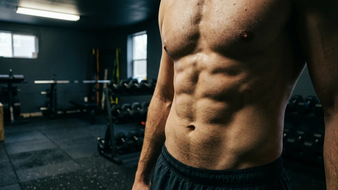 Mężczyzna z umięśnionym brzuchem stoi w siłowni. W tle widoczne są hantle i sprzęt do ćwiczeń na ciemnym tle.