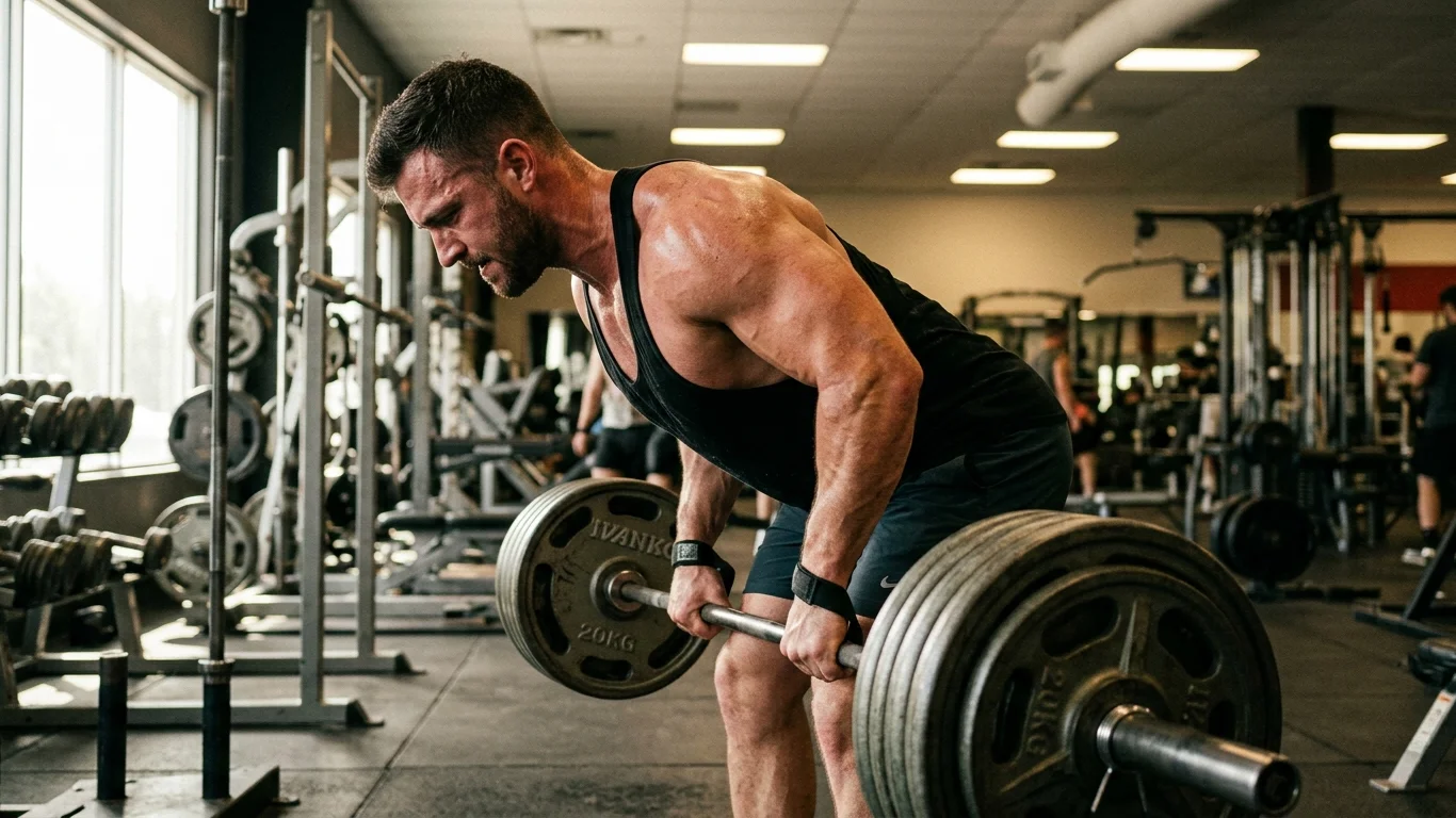 Mężczyzna podnosi ciężką sztangę w siłowni. W tle widać sprzęt do ćwiczeń i inne osoby. Światło wpadające przez okno tworzy kontrast cieni.
