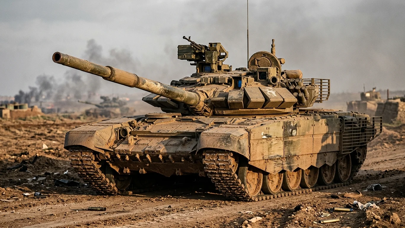 Czołg spoczywa na przybrudzonej, piaszczystej drodze. W tle unoszą się kłęby dymu, sugerując niedawną bitwę w niepokojącej, pustynnej scenerii.