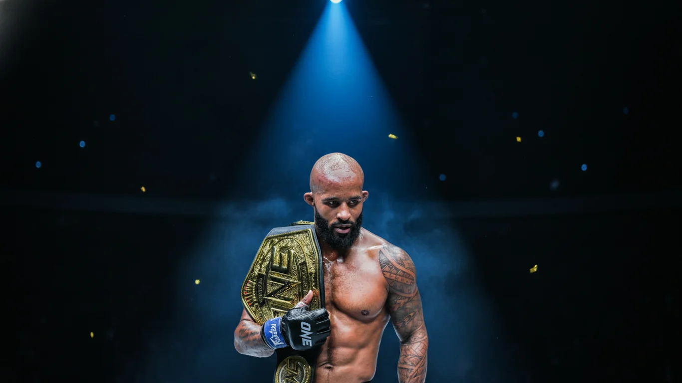 Zawodnik trzyma złoty pas mistrzowski, stojąc pod niebieskim reflektorem. Ubrany w rękawicę sportową, otacza go lekka mgła, na ciemnym tle.