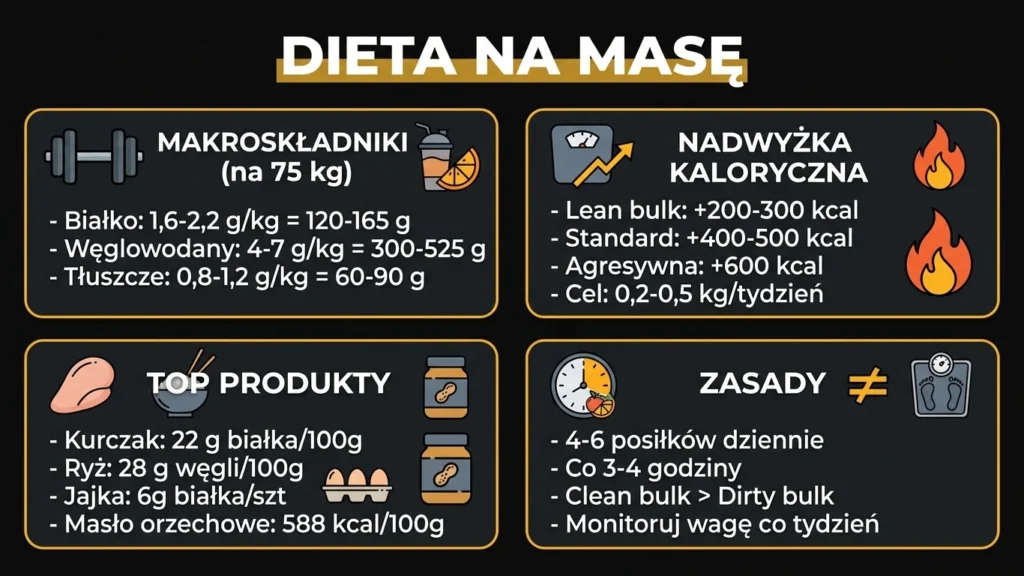 Infografika dieta na masę – makroskładniki, produkty i zasady