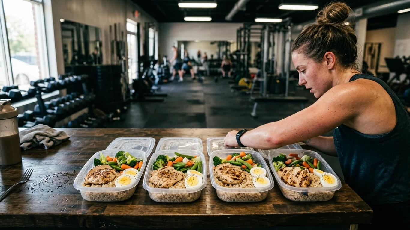 Kobieta przygotowuje posiłki w plastikowych pojemnikach z kurczakiem, jajkami i warzywami, w siłowni. W tle widać osoby ćwiczące i sprzęt treningowy.