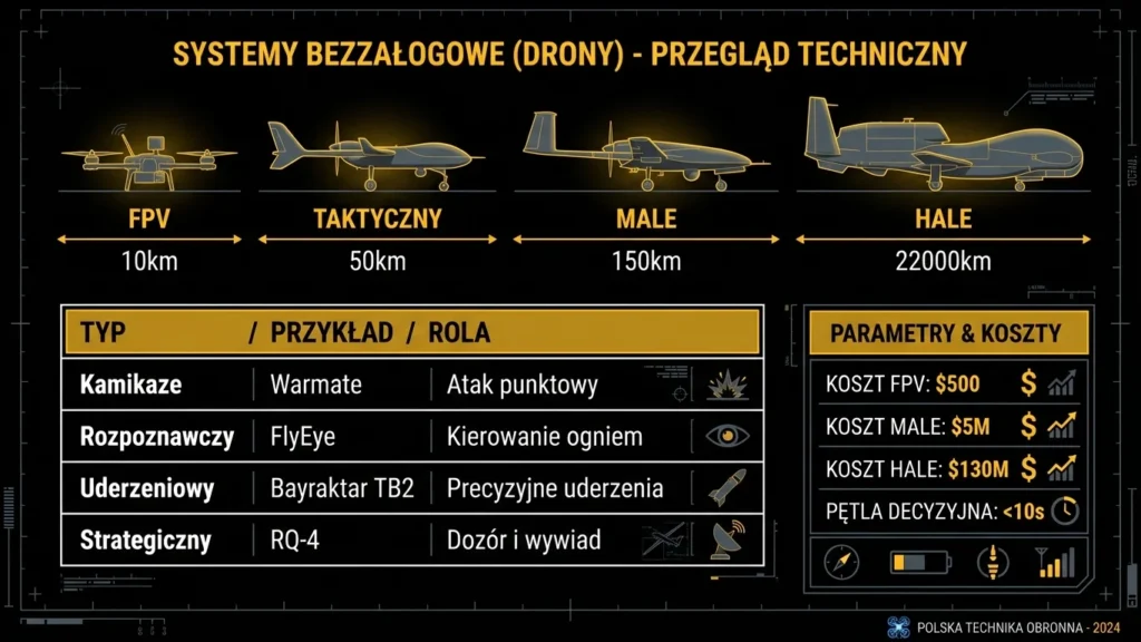 Infografika drony wojskowe – klasyfikacja, zasięg, koszty i przeznaczenie systemów bezzałogowych