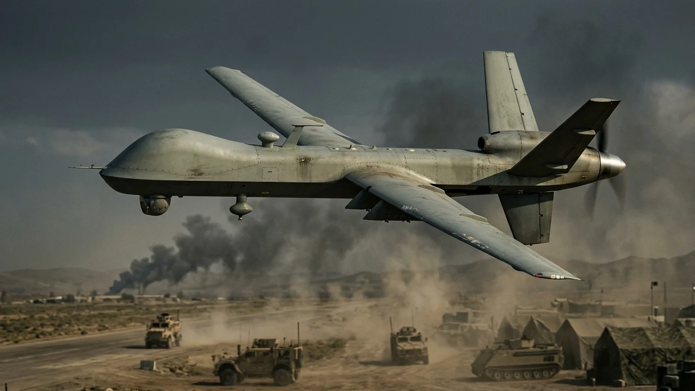 Dron przelatuje nad pustynnym terenem, w tle widać wojskowe pojazdy i namioty, oraz unoszące się kłęby dymu z odległego źródła.