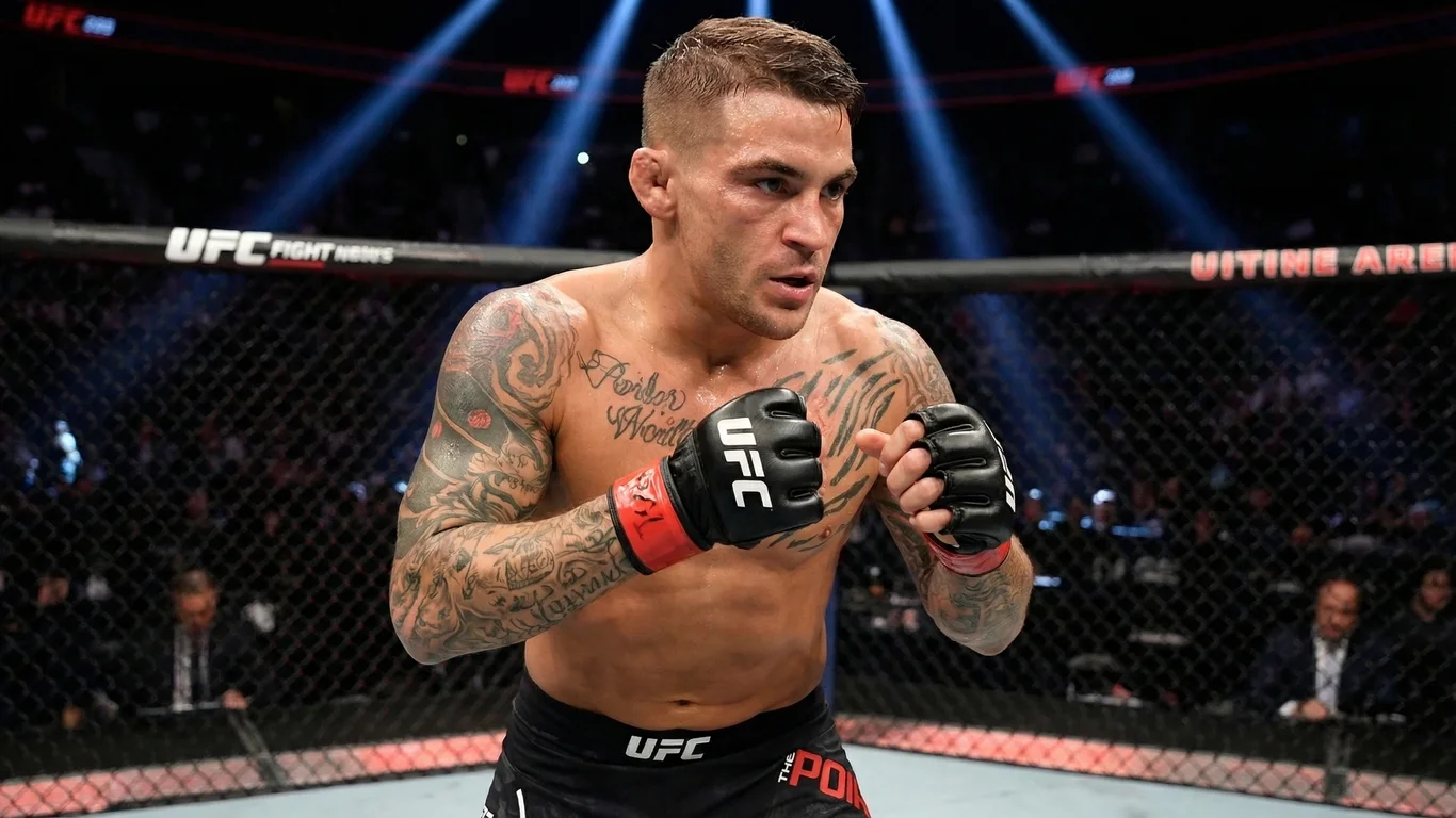 Zawodnik MMA w tatuażach przyjmuje pozycję obronną z zaciśniętymi pięściami w oktagonie. Na plecach widzowie. Na macie logo UFC FIGHT NIGHT.