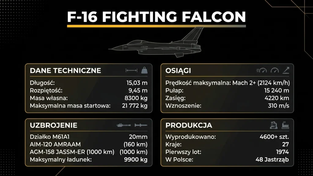 Infografika F-16 Fighting Falcon – dane techniczne, osiągi, uzbrojenie i produkcja