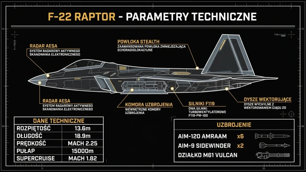 Infografika F-22 Raptor – specyfikacja techniczna, uzbrojenie i dane taktyczne