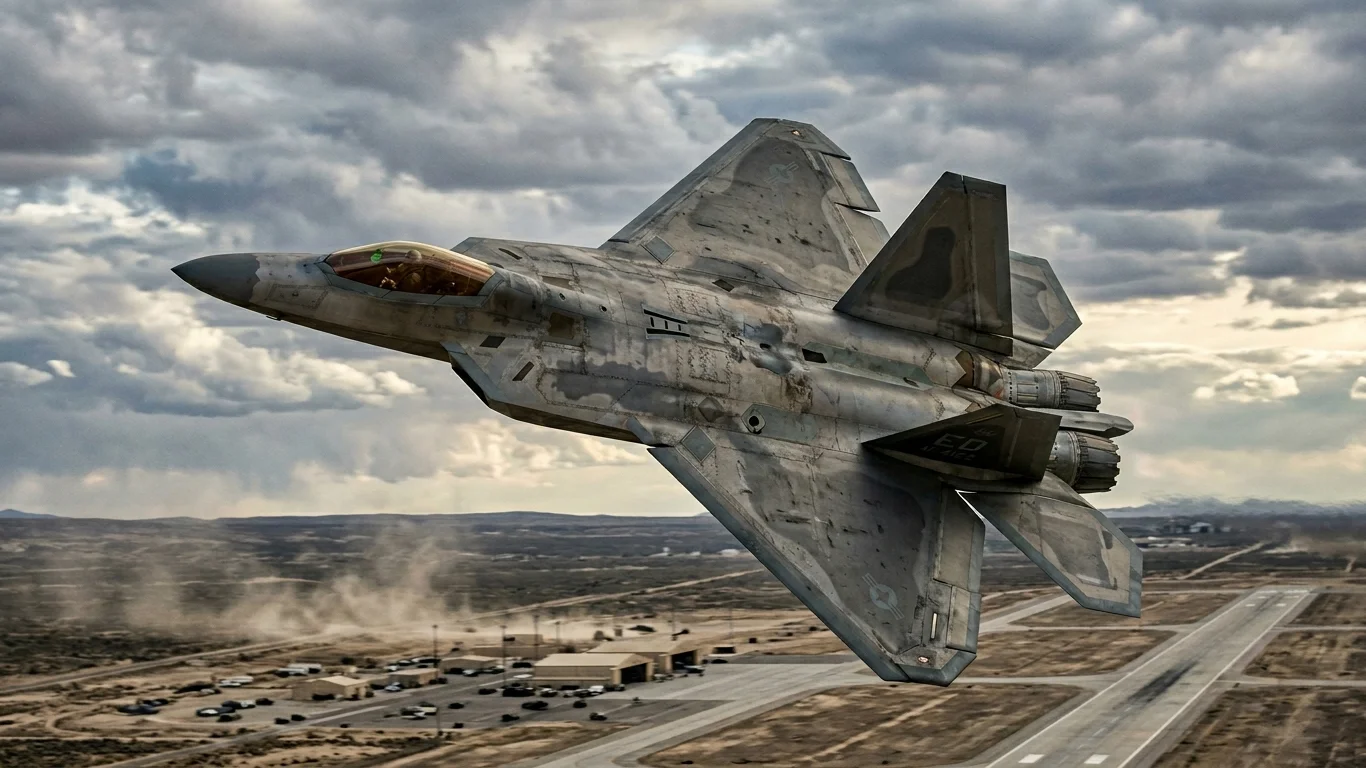 Myśliwiec odrzutowy leci nad bazą lotniczą. Na ziemi widać pas startowy i zabudowania. W tle niebo jest pochmurne, tworząc dynamiczny krajobraz.