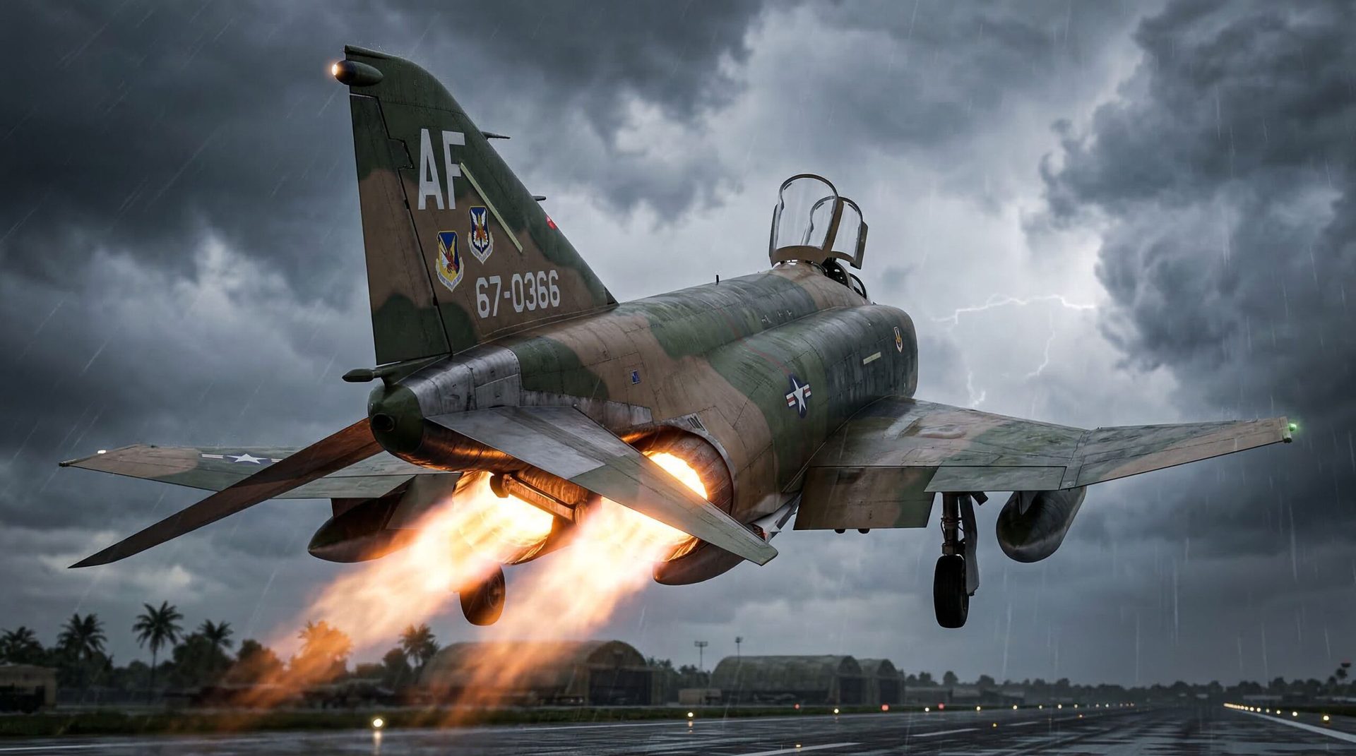 Samolot wojskowy startuje z lotniska podczas burzy, emitując płomienie z silnika. W tle ciemne chmury i błyskawice. Widoczny numer "67-0366" oraz oznaczenie "AF".
