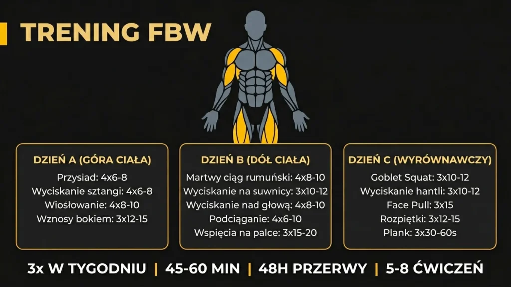 Infografika trening FBW – plan treningowy na 3 dni w tygodniu