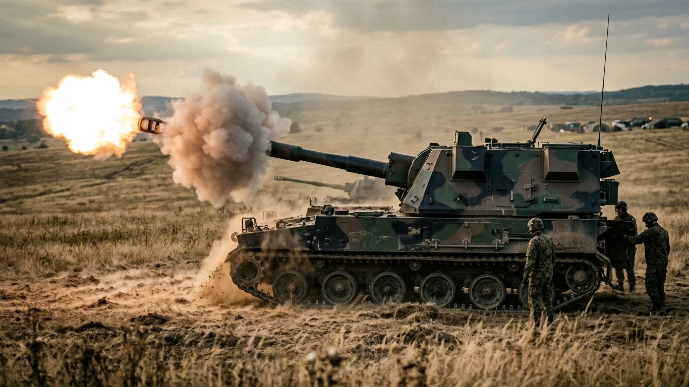 Haubica samobieżna strzela pociskiem, wywołując dym i ogień z lufy. Żołnierze stoją obok pojazdu na polu w pagórkowatym terenie.