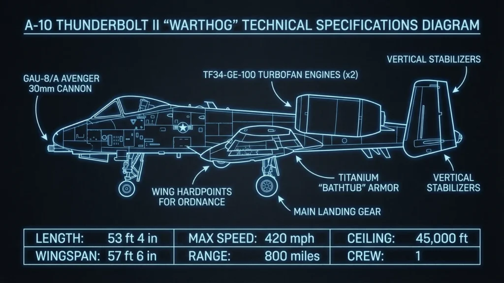 Schemat techniczny A-10 Thunderbolt II z oznaczeniem kluczowych elementów konstrukcyjnych.