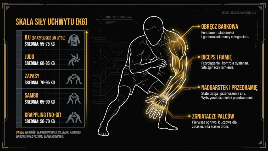 Infografika: Łańcuch siły chwytu – mapa mięśni grapplera