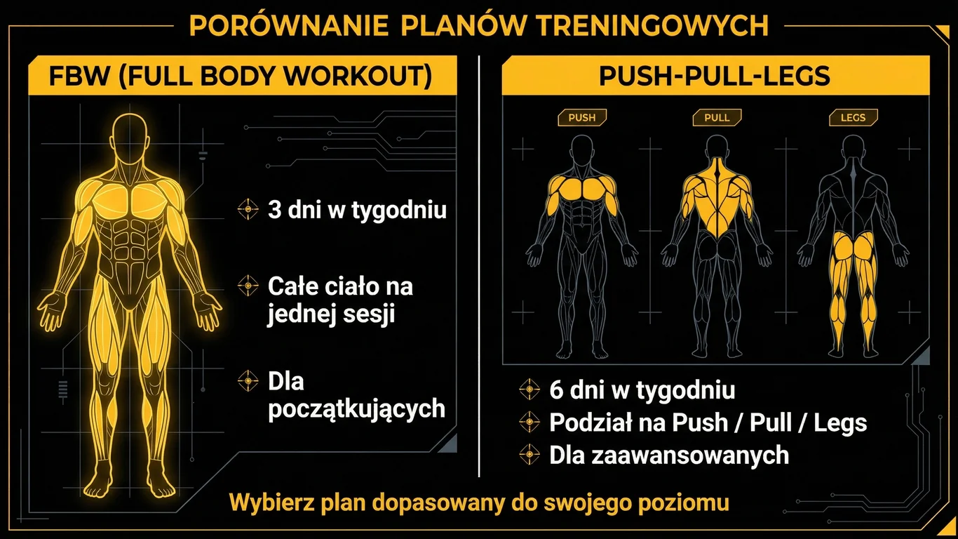 Infografika: FBW vs Push-Pull-Legs – porównanie systemów treningowych