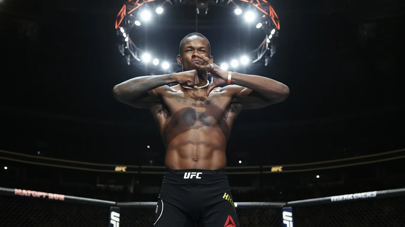 Zawodnik pokazuje gest skrzyżowania ramion na klatce piersiowej, stojąc na ringu w jasnym oświetleniu. Ma na sobie czarne szorty z logo UFC.