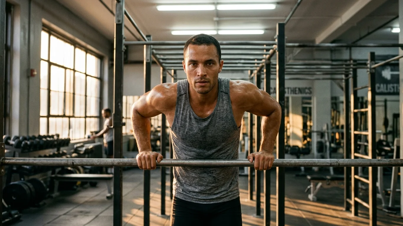 Mężczyzna ćwiczy podciąganie na poręczy w siłowni. Ma na sobie szarą koszulkę bez rękawów. W tle widać sprzęt i dużą szybę, przez którą wpada światło.