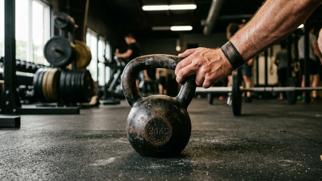 Kettlebell o wadze 24 kg trzymany jest przez rękę, leżąc na podłodze siłowni. W tle znajdują się sztangi i osoby ćwiczące w przestronnym pomieszczeniu.