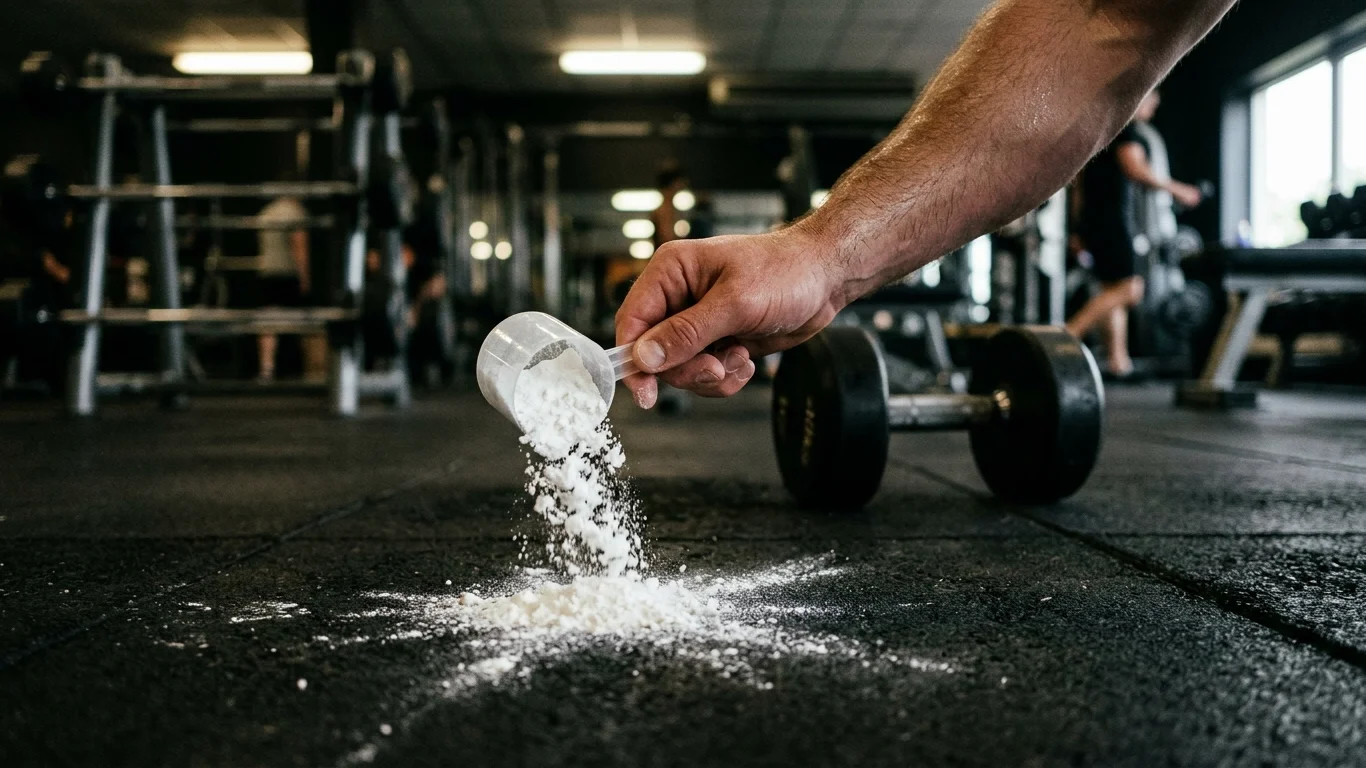 Ręka wysypuje biały proszek z miarki na podłogę. Obok leży hantel. W tle widać wyposażenie siłowni i osoby ćwiczące.