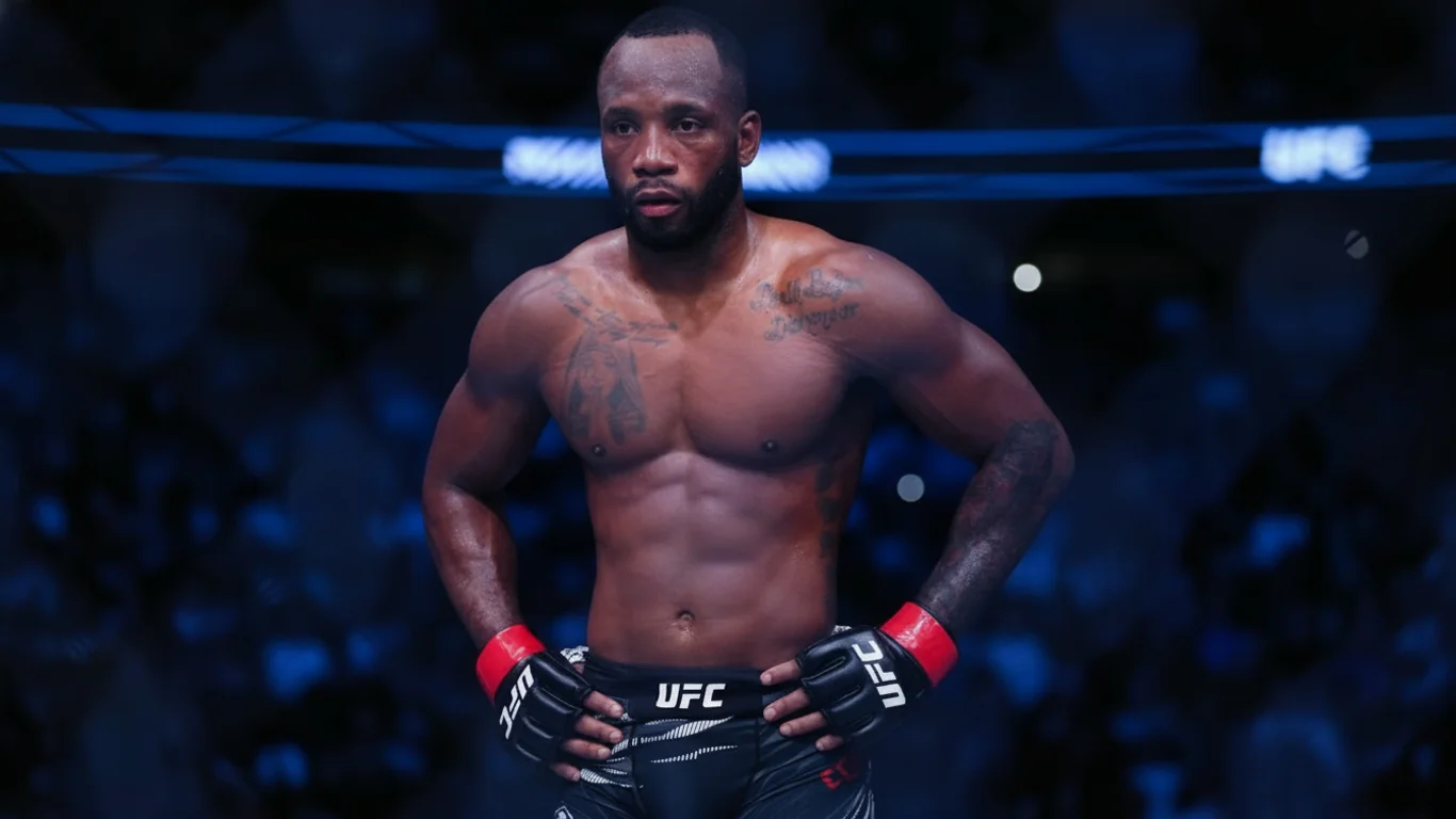 Zawodnik MMA stoi z napiętymi mięśniami, dłonie osłonięte rękawicami opiera na biodrach. Tatuaże zdobią jego klatkę piersiową. Tło rozmyte, niebieskawe światła tworzą atmosferę areny sportowej.