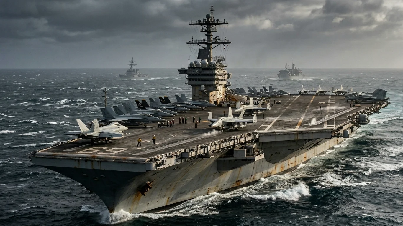 Lotniskowiec płynie po wzburzonym morzu, z samolotami na pokładzie, otoczony chmurami i kilkoma innymi statkami na horyzoncie. Kilku ludzie pracują na pokładzie.