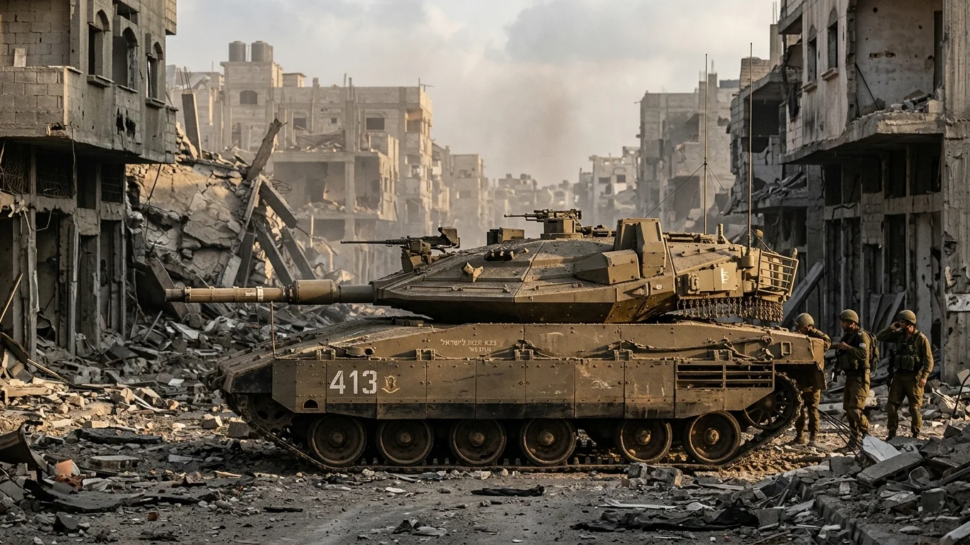 Czołg z oznaczeniem „413” stoi pośród zniszczonych budynków w ruinach miasta. Obok czołgu znajdują się żołnierze. W tle unoszą się chmury pyłu.
